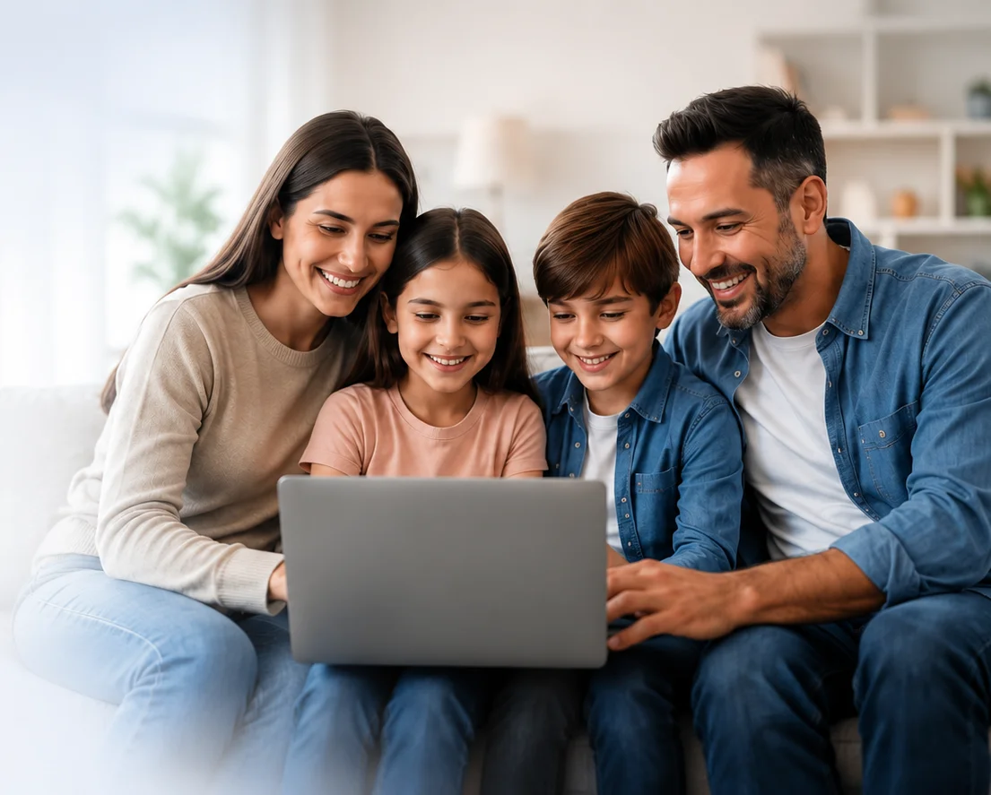 Familia viendo contenido educativo sobre Errores Innatos de la Inmunidad (EII) / Inmunodeficiencias Primarias (IDP) en un laptop