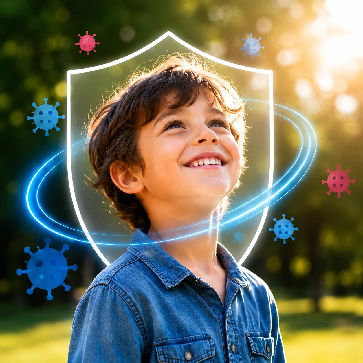 Niño sonriendo al aire libre, protegido frente a las infecciones